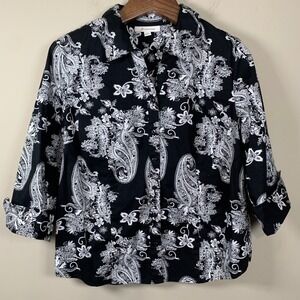 M. Collection Black/White Paisley Button Down Shirt Size 14